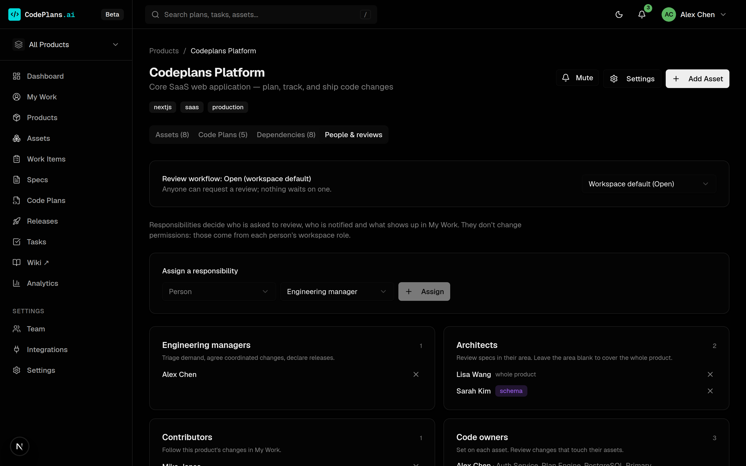 A product’s People & reviews tab: workflow level, engineering managers, architects and code owners