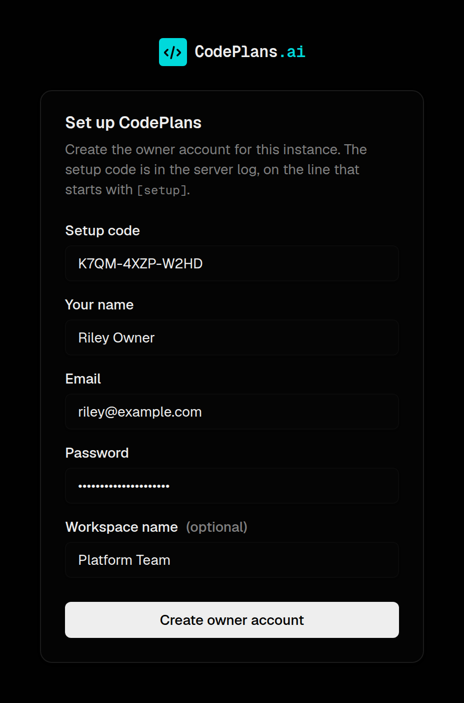 The setup page: setup code, name, email, password and workspace name
