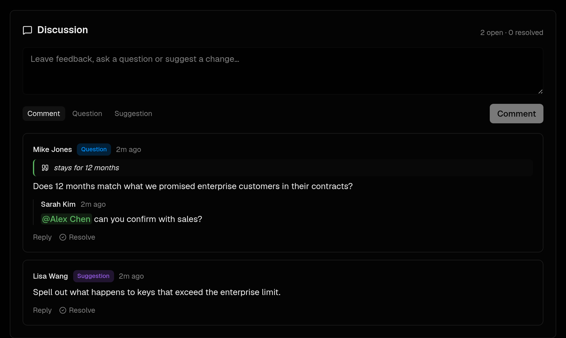 An anchored question with a reply mentioning a teammate, and a suggestion