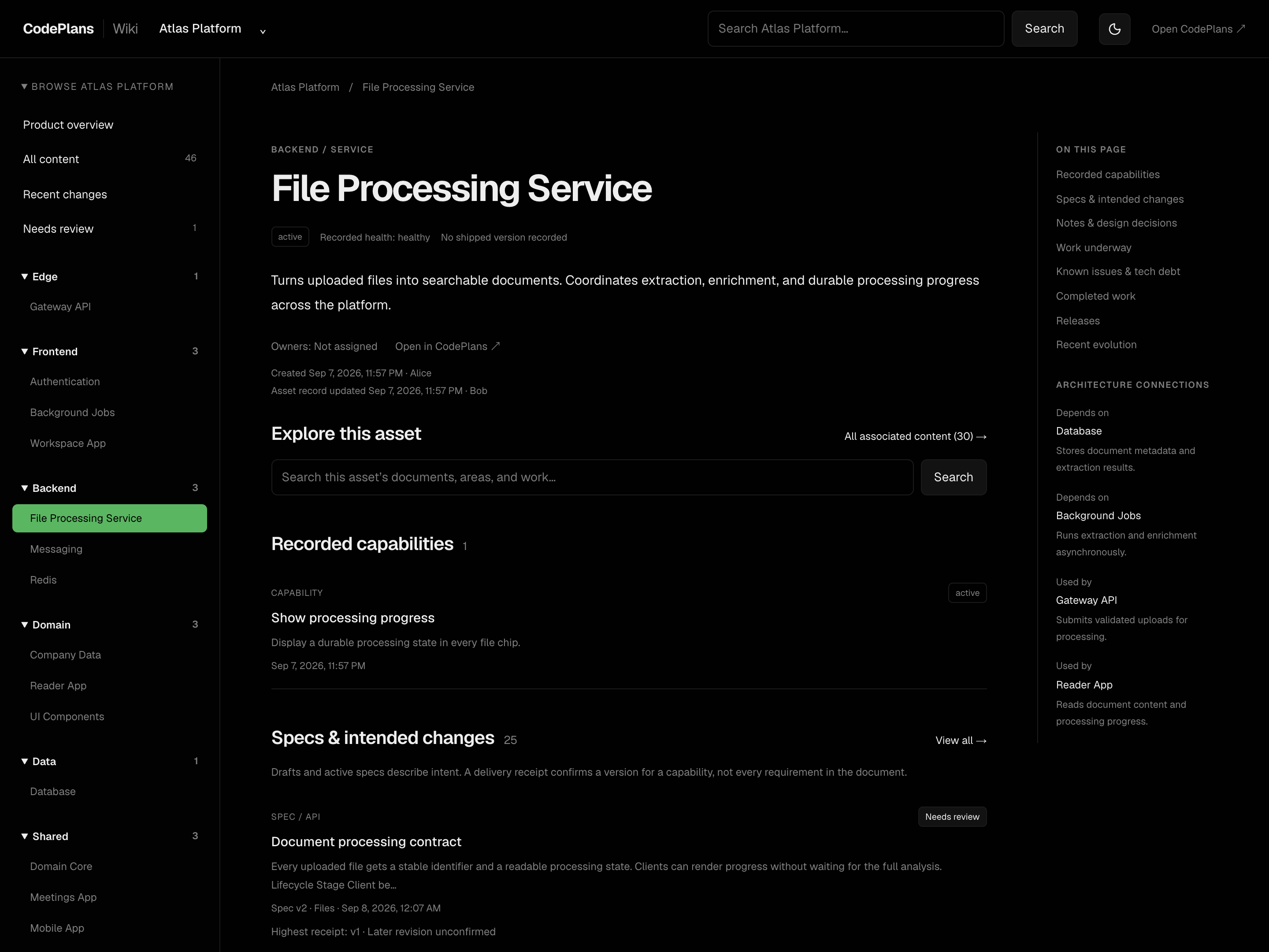 An asset wiki page with capabilities, current specs, attribution and dependencies