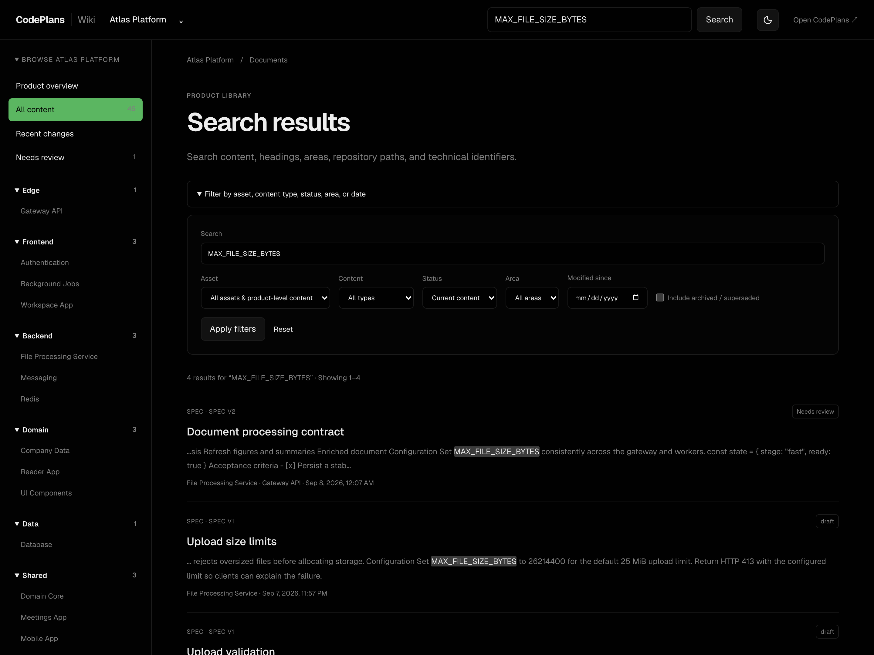 Wiki search highlighting a technical identifier inside spec excerpts